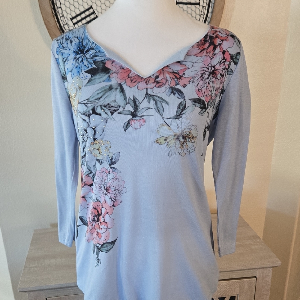 Elegant Floral 3/4 Sleeve Top - Light Blue and Pink Embellishments Like New
